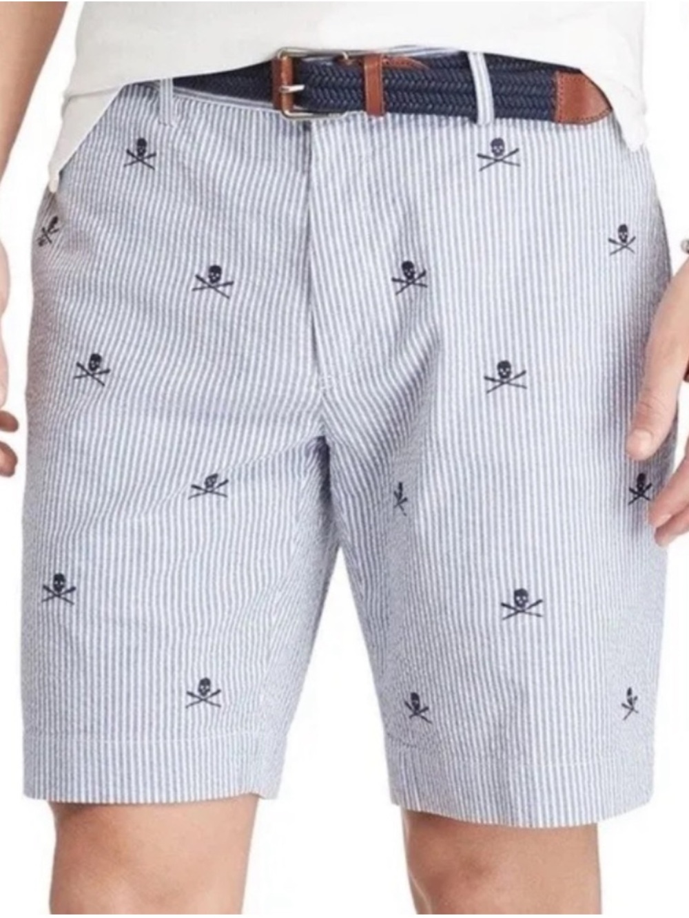 Polo by Ralph Lauren Seersucker Striped Skull & Crossbones Blue /White Shorts,38